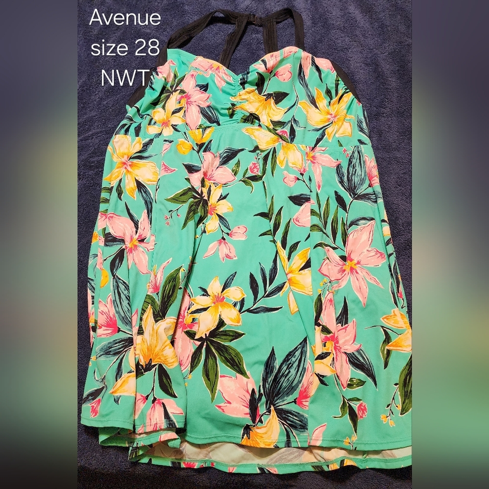 Avenue Teal Floral Halter Swimdress with Pink & Yellow Blooms